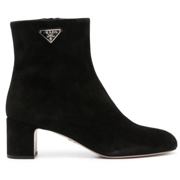 Prada 55MM Tronch Black Suede Silver Logo Short Ankle Block Heel Bootie 38.5 - Picture 1 of 11